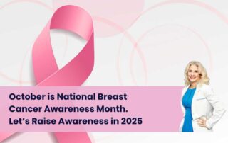 A pink ribbon and a smiling woman in a white coat with text: October is National Breast Cancer Awareness Month. Let’s also raise awareness for thyroid cancer awareness month in 2025. | Cancer Biopsy & FNA Doctor in Los Angeles - Dr. Celina Nadelman