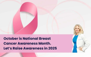 A pink ribbon and a smiling woman in a white coat with text: October is National Breast Cancer Awareness Month. Let’s also raise awareness for thyroid cancer awareness month in 2025. | Cancer Biopsy & FNA Doctor in Los Angeles - Dr. Celina Nadelman