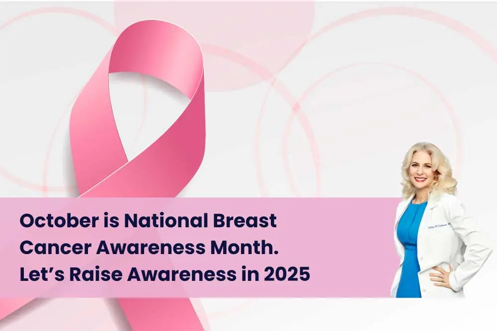 A pink ribbon and a smiling woman in a white coat with text: October is National Breast Cancer Awareness Month. Let’s also raise awareness for thyroid cancer awareness month in 2025. | Cancer Biopsy & FNA Doctor in Los Angeles - Dr. Celina Nadelman