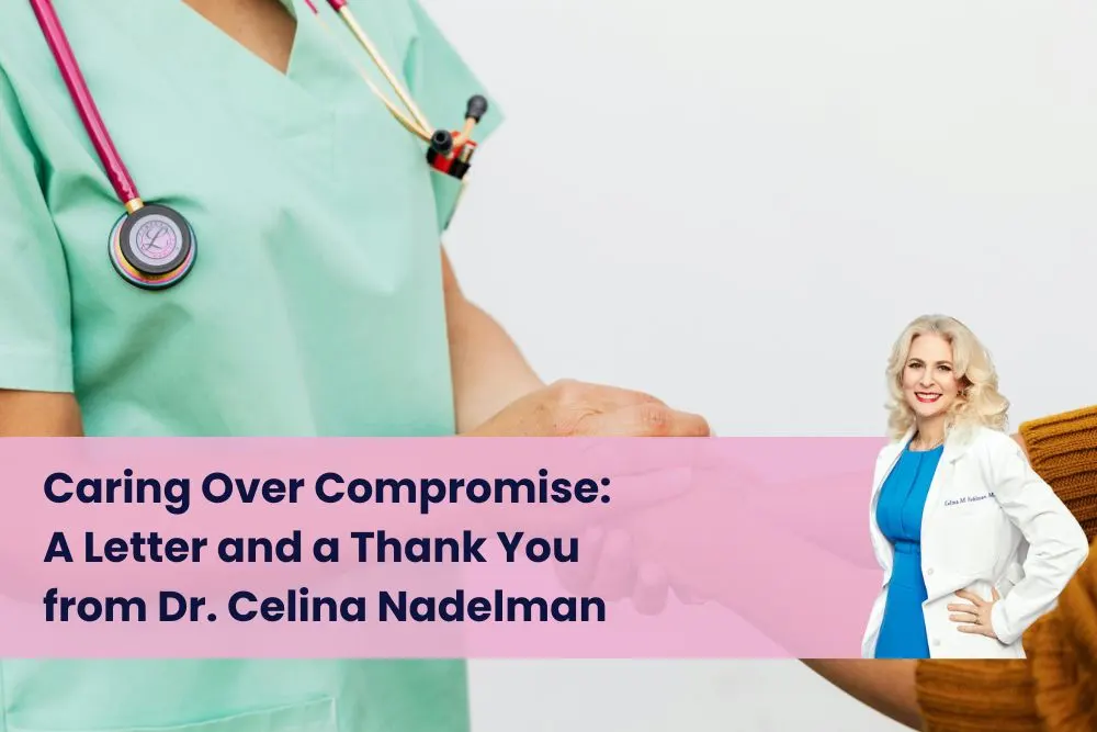 Dr. Celina Nadelman shaking hands with a patient, representing compassionate care in healthcare.