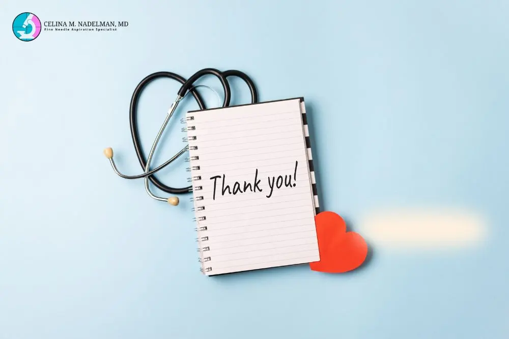 A stethoscope and notebook with the words 'Thank you!' symbolizing gratitude in healthcare.