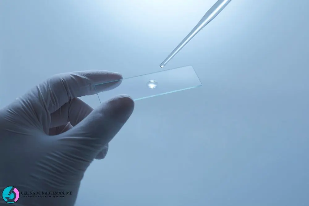 A hand holding a glass slide with a droplet, preparing for fine needle aspiration analysis.